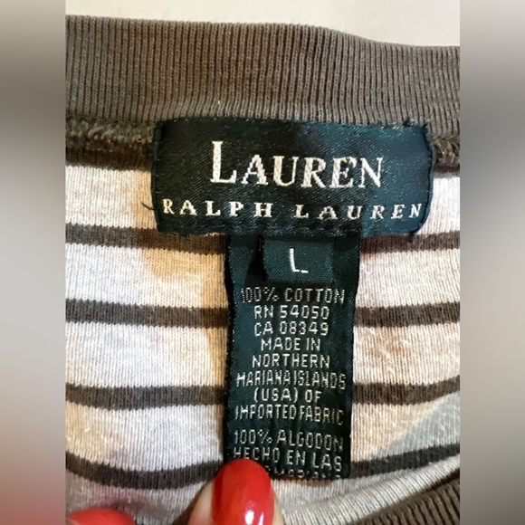 LAUREN RALPH LAUREN SWEATER TOP 3/4 SLEEVE‎ BEIGE WITH STRIPES OLIVE GREEN L - Picture 10 of 16